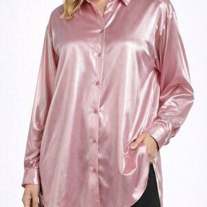 Jessica Michelle Pink Satin Button-Up Blouse Glossy Longline Shirt‎ – Size Large